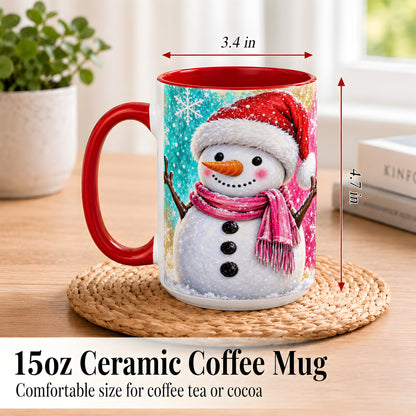#pl[15oz|Red] Cheerful Snowman Coffee Mug, Christmas Winter Mug, Ceramic Cup