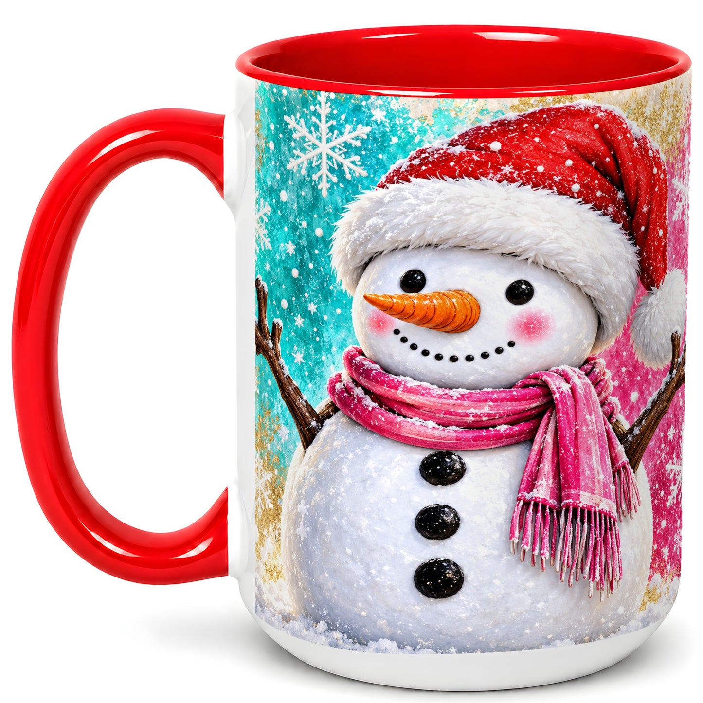 #pl[15oz|Red] Cheerful Snowman Coffee Mug, Christmas Winter Mug, Ceramic Cup
