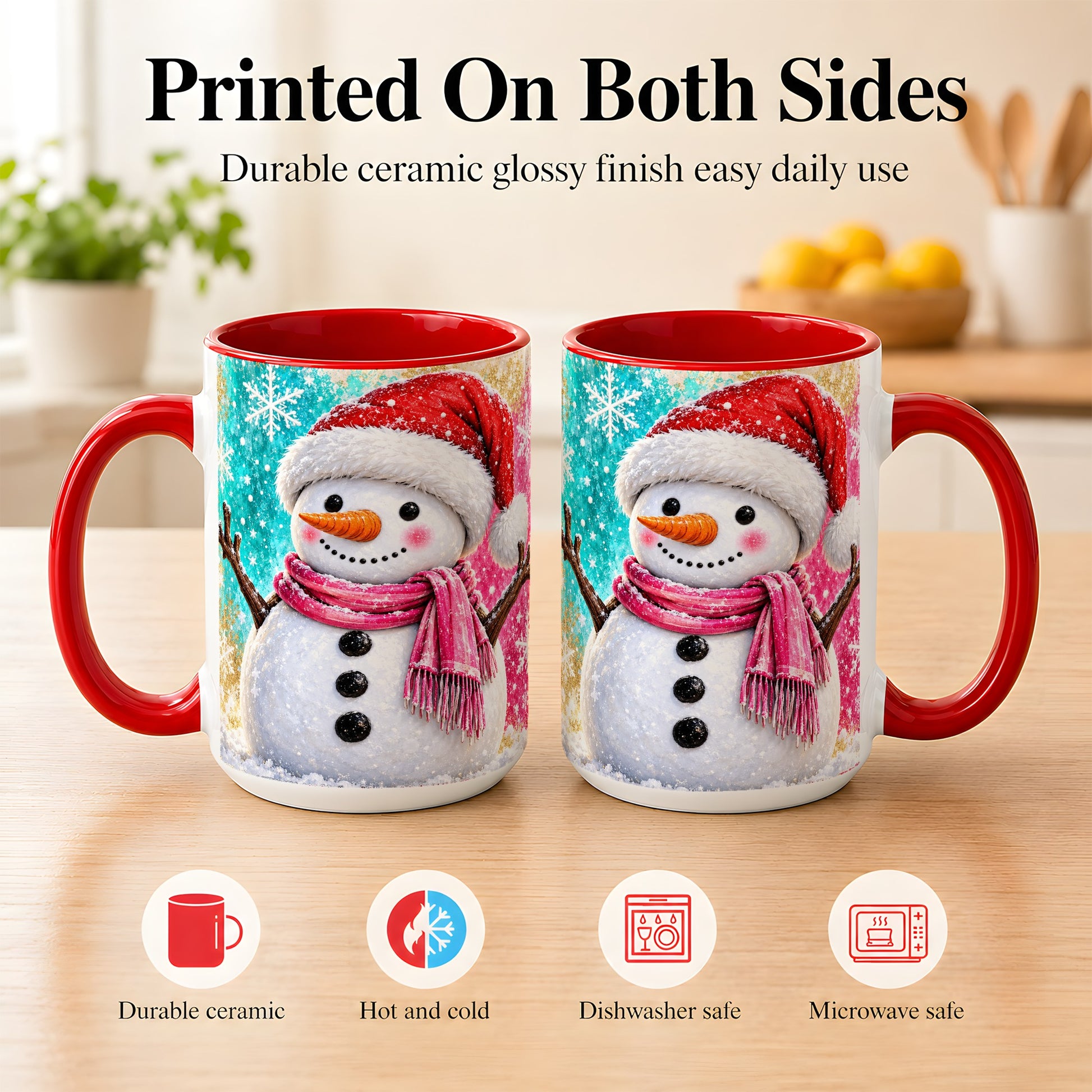#pl[15oz|Red] Cheerful Snowman Coffee Mug, Christmas Winter Mug, Ceramic Cup