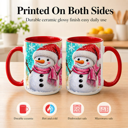 #pl[15oz|Red] Cheerful Snowman Coffee Mug, Christmas Winter Mug, Ceramic Cup