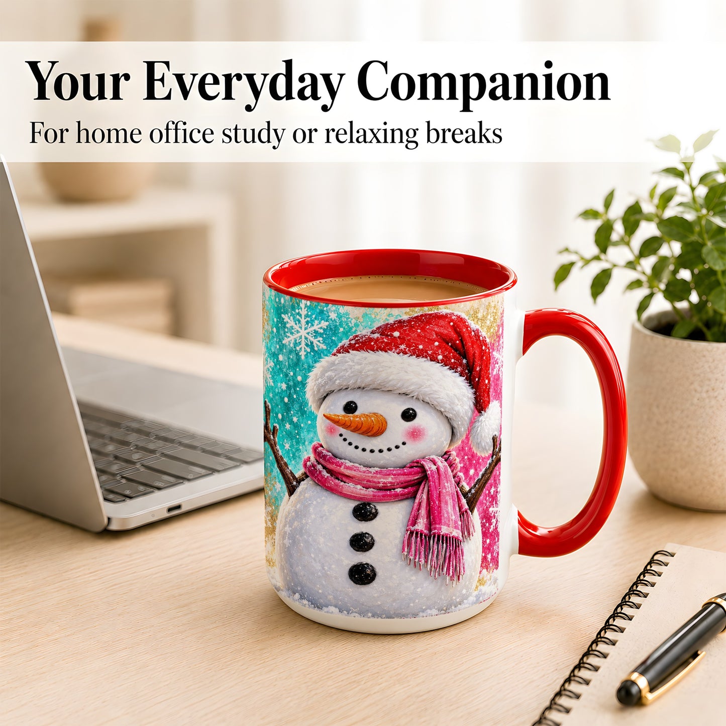 #pl[15oz|Red] Cheerful Snowman Coffee Mug, Christmas Winter Mug, Ceramic Cup