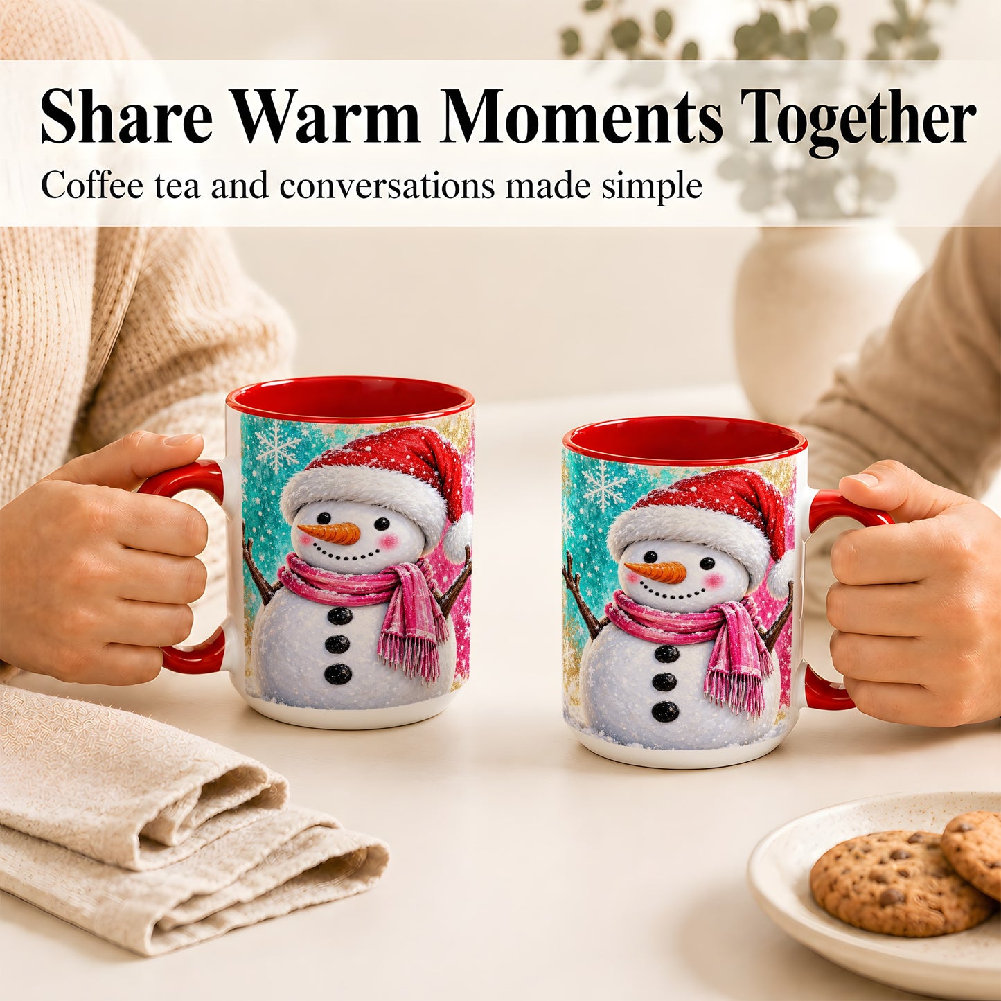 #pl[15oz|Red] Cheerful Snowman Coffee Mug, Christmas Winter Mug, Ceramic Cup