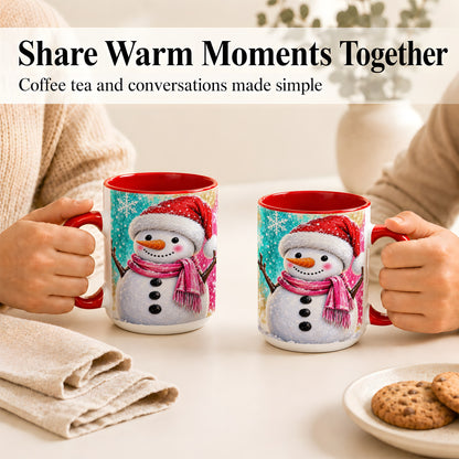 #pl[15oz|Red] Cheerful Snowman Coffee Mug, Christmas Winter Mug, Ceramic Cup
