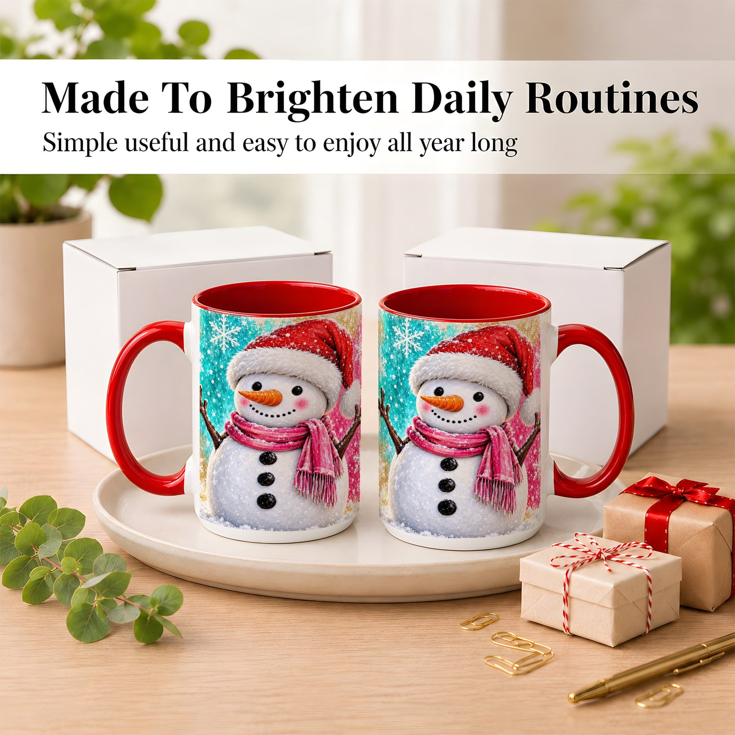 #pl[15oz|Red] Cheerful Snowman Coffee Mug, Christmas Winter Mug, Ceramic Cup
