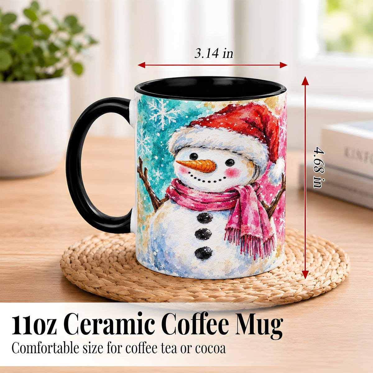 #pl[11oz|Black] Snowman Santa Hat Coffee Mug, Pink Scarf Snowman Mug, Ceramic Cup