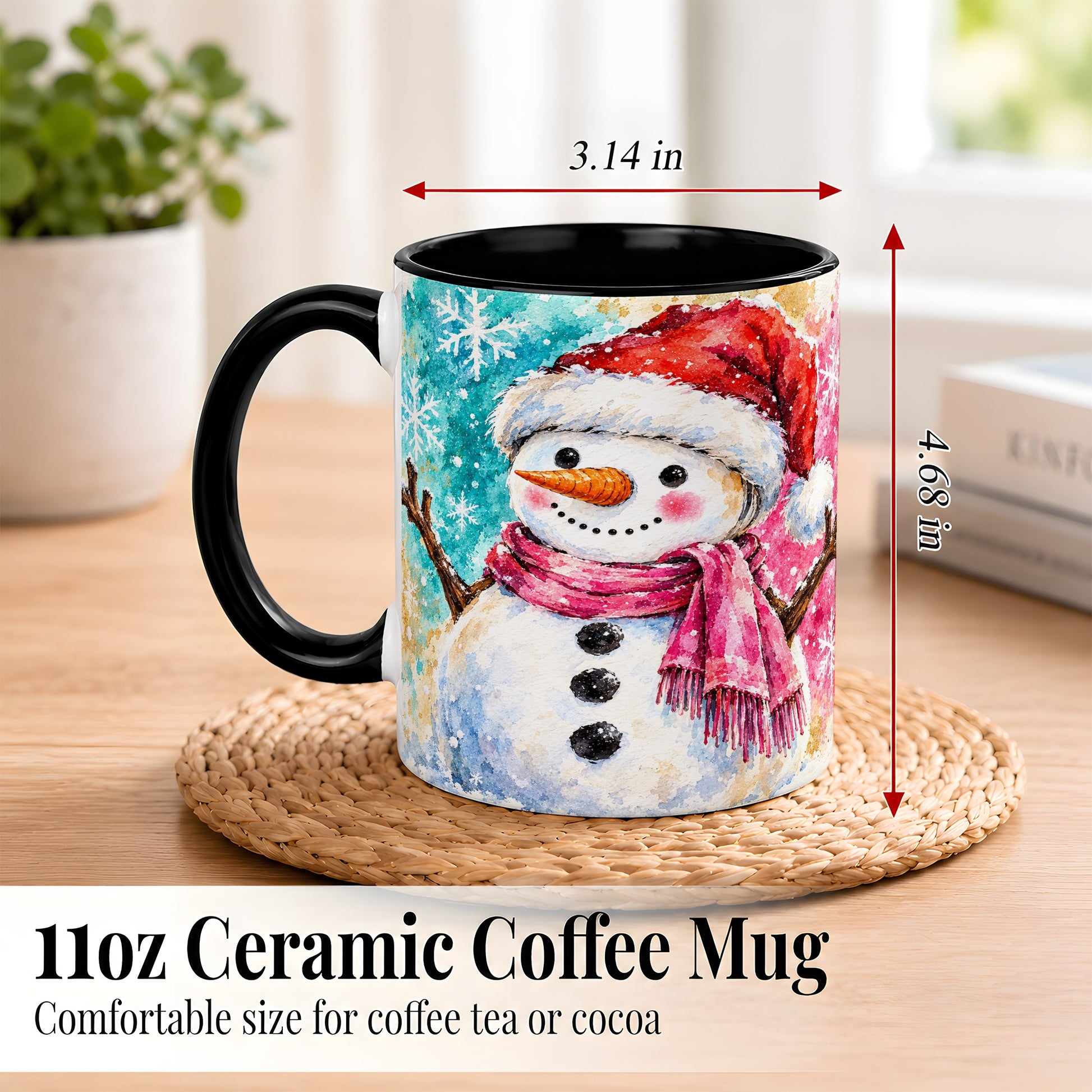 #pl[11oz|Black] Snowman Santa Hat Coffee Mug, Pink Scarf Snowman Mug, Ceramic Cup