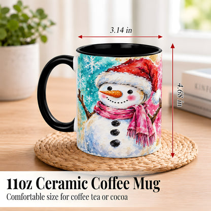 #pl[11oz|Black] Snowman Santa Hat Coffee Mug, Pink Scarf Snowman Mug, Ceramic Cup