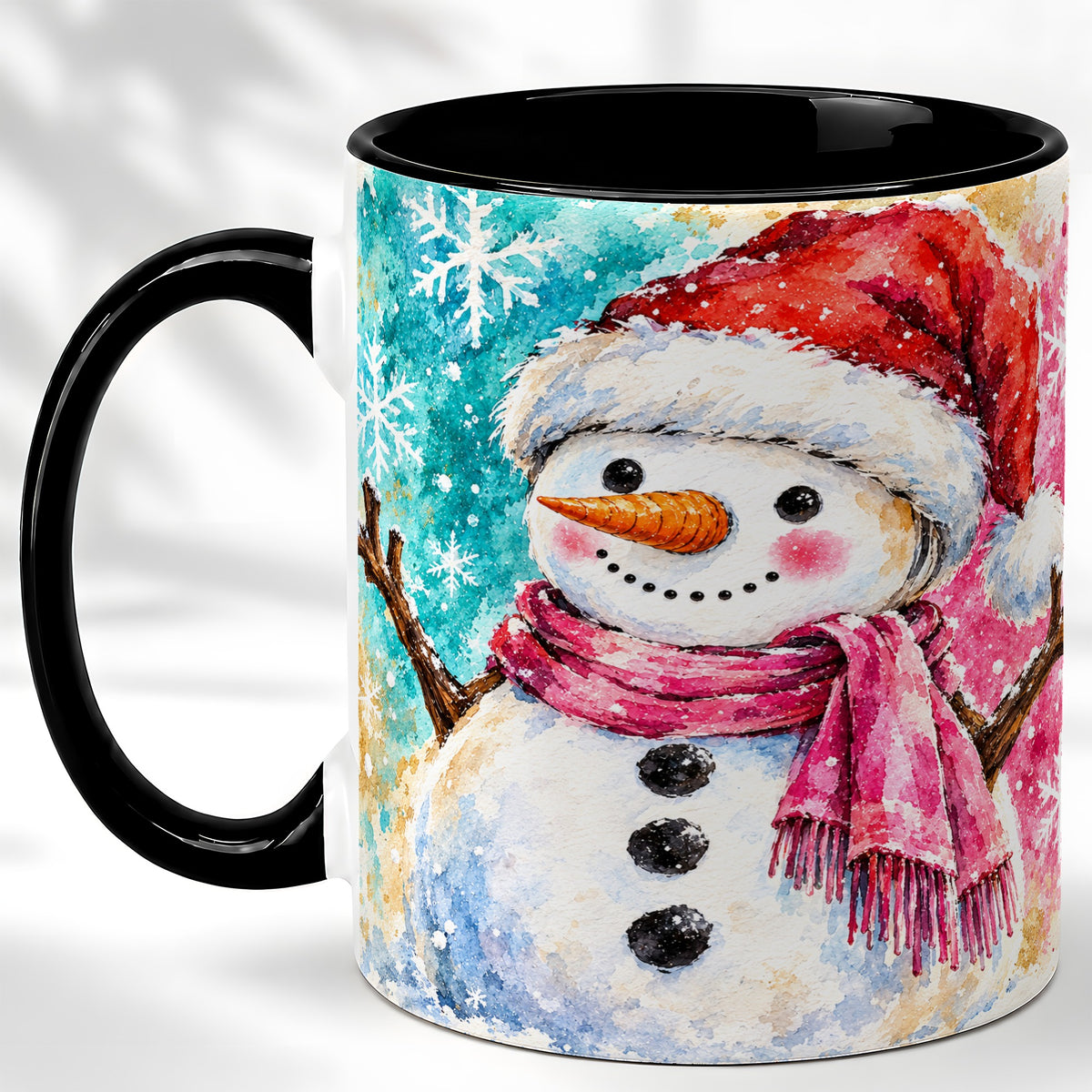 #pl[11oz|Black] Snowman Santa Hat Coffee Mug, Pink Scarf Snowman Mug, Ceramic Cup