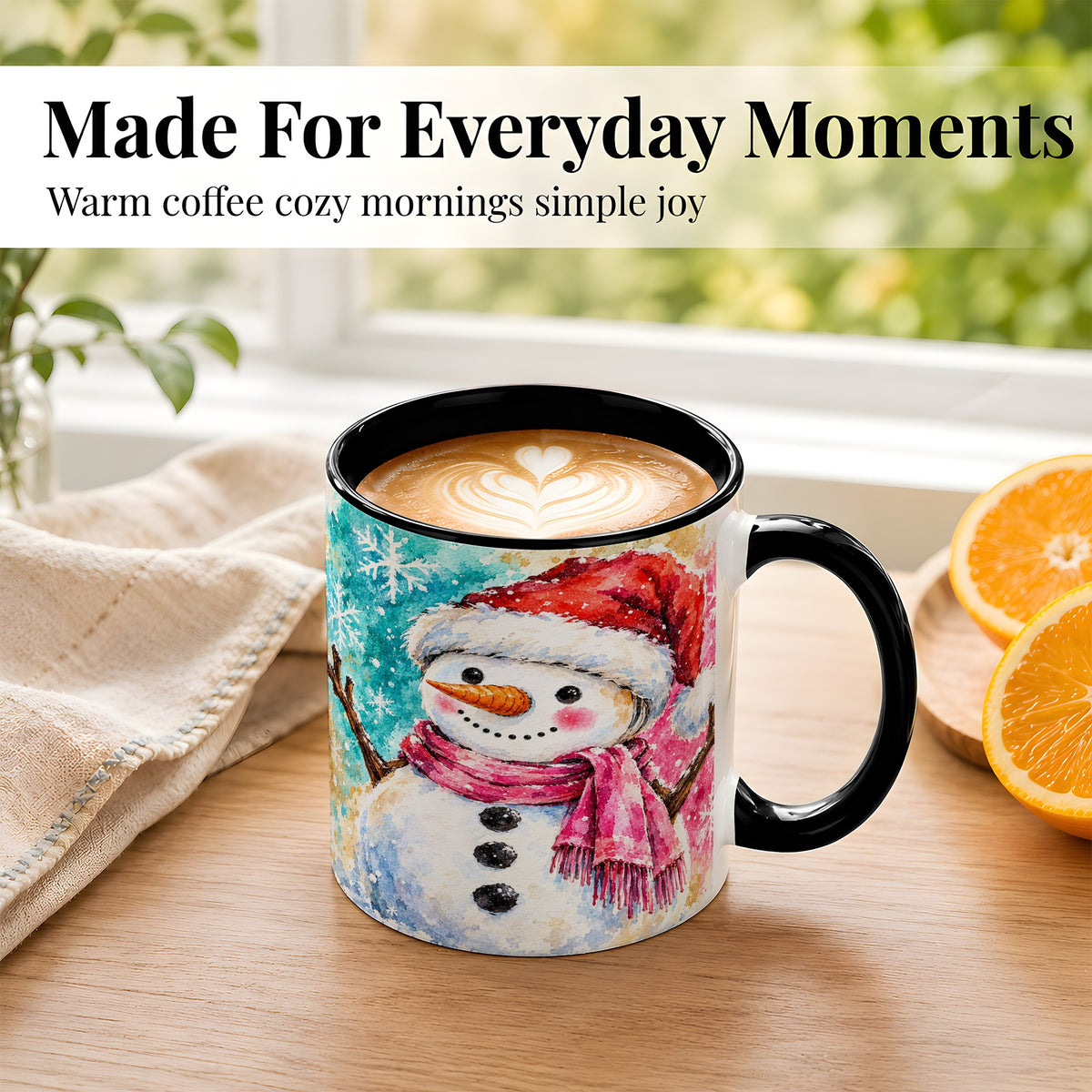#pl[11oz|Black] Snowman Santa Hat Coffee Mug, Pink Scarf Snowman Mug, Ceramic Cup