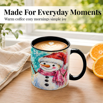 #pl[11oz|Black] Snowman Santa Hat Coffee Mug, Pink Scarf Snowman Mug, Ceramic Cup