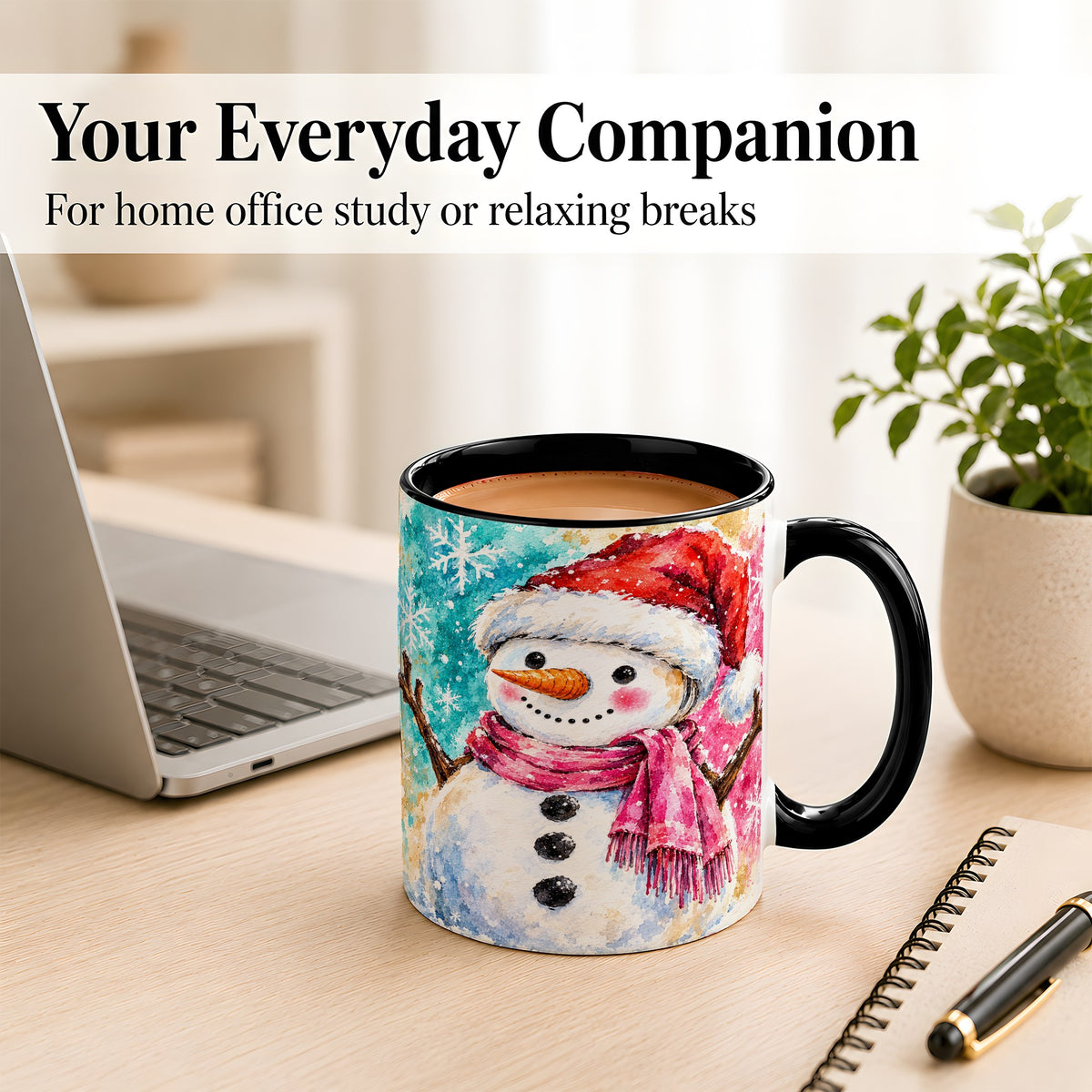 #pl[11oz|Black] Snowman Santa Hat Coffee Mug, Pink Scarf Snowman Mug, Ceramic Cup