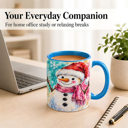 #pl[11oz|Blue] Snowman Santa Hat Coffee Mug, Pink Scarf Snowman Mug, Ceramic Cup