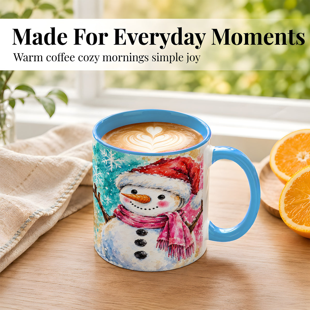 #pl[11oz|Blue] Snowman Santa Hat Coffee Mug, Pink Scarf Snowman Mug, Ceramic Cup