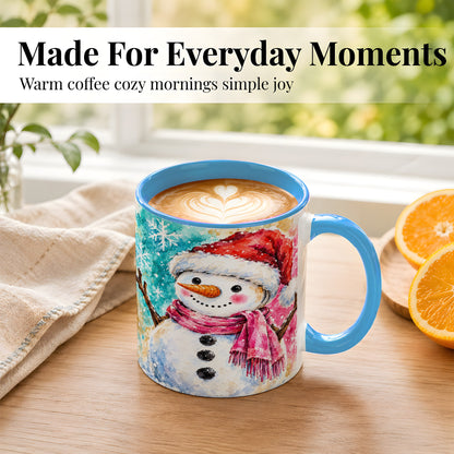 #pl[11oz|Blue] Snowman Santa Hat Coffee Mug, Pink Scarf Snowman Mug, Ceramic Cup