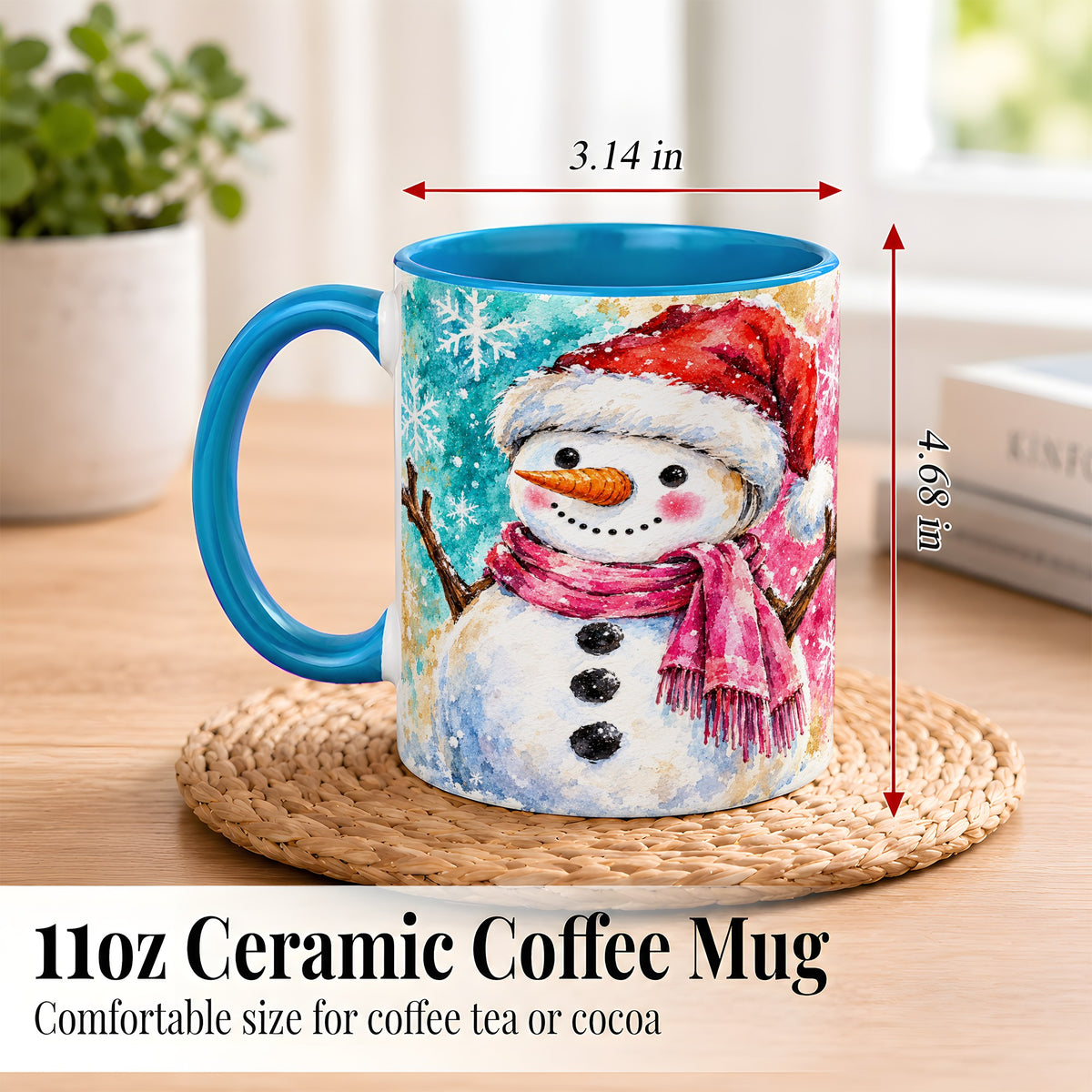 #pl[11oz|Blue] Snowman Santa Hat Coffee Mug, Pink Scarf Snowman Mug, Ceramic Cup