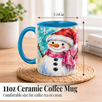 #pl[11oz|Blue] Snowman Santa Hat Coffee Mug, Pink Scarf Snowman Mug, Ceramic Cup