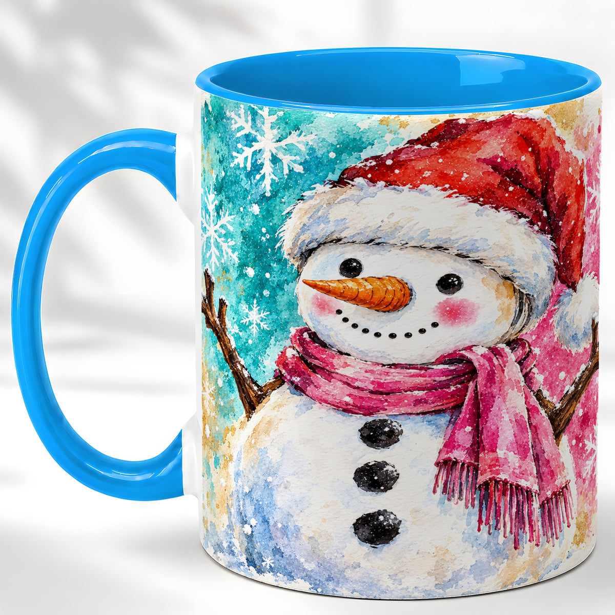 #pl[11oz|Blue] Snowman Santa Hat Coffee Mug, Pink Scarf Snowman Mug, Ceramic Cup