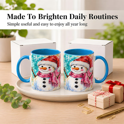 #pl[11oz|Blue] Snowman Santa Hat Coffee Mug, Pink Scarf Snowman Mug, Ceramic Cup