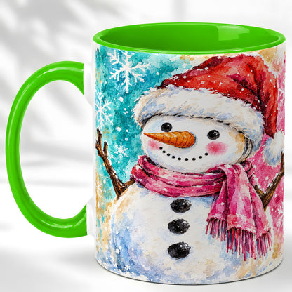 #pl[11oz|Green] Snowman Santa Hat Coffee Mug, Pink Scarf Snowman Mug, Ceramic Cup