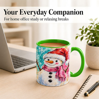 #pl[11oz|Green] Snowman Santa Hat Coffee Mug, Pink Scarf Snowman Mug, Ceramic Cup
