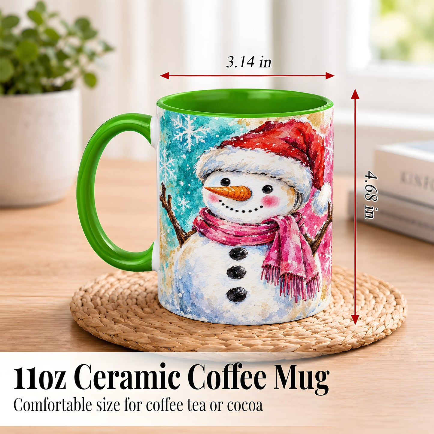 #pl[11oz|Green] Snowman Santa Hat Coffee Mug, Pink Scarf Snowman Mug, Ceramic Cup