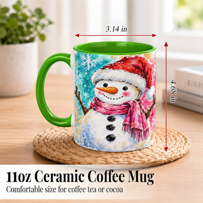 #pl[11oz|Green] Snowman Santa Hat Coffee Mug, Pink Scarf Snowman Mug, Ceramic Cup