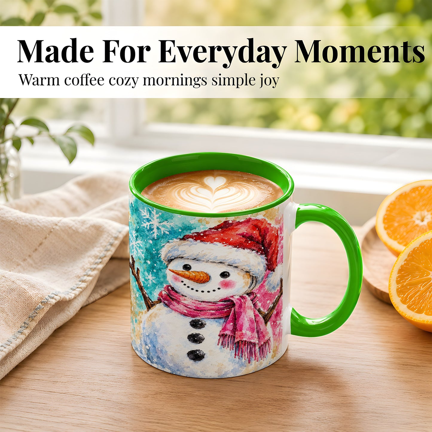 #pl[11oz|Green] Snowman Santa Hat Coffee Mug, Pink Scarf Snowman Mug, Ceramic Cup