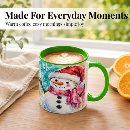 #pl[11oz|Green] Snowman Santa Hat Coffee Mug, Pink Scarf Snowman Mug, Ceramic Cup
