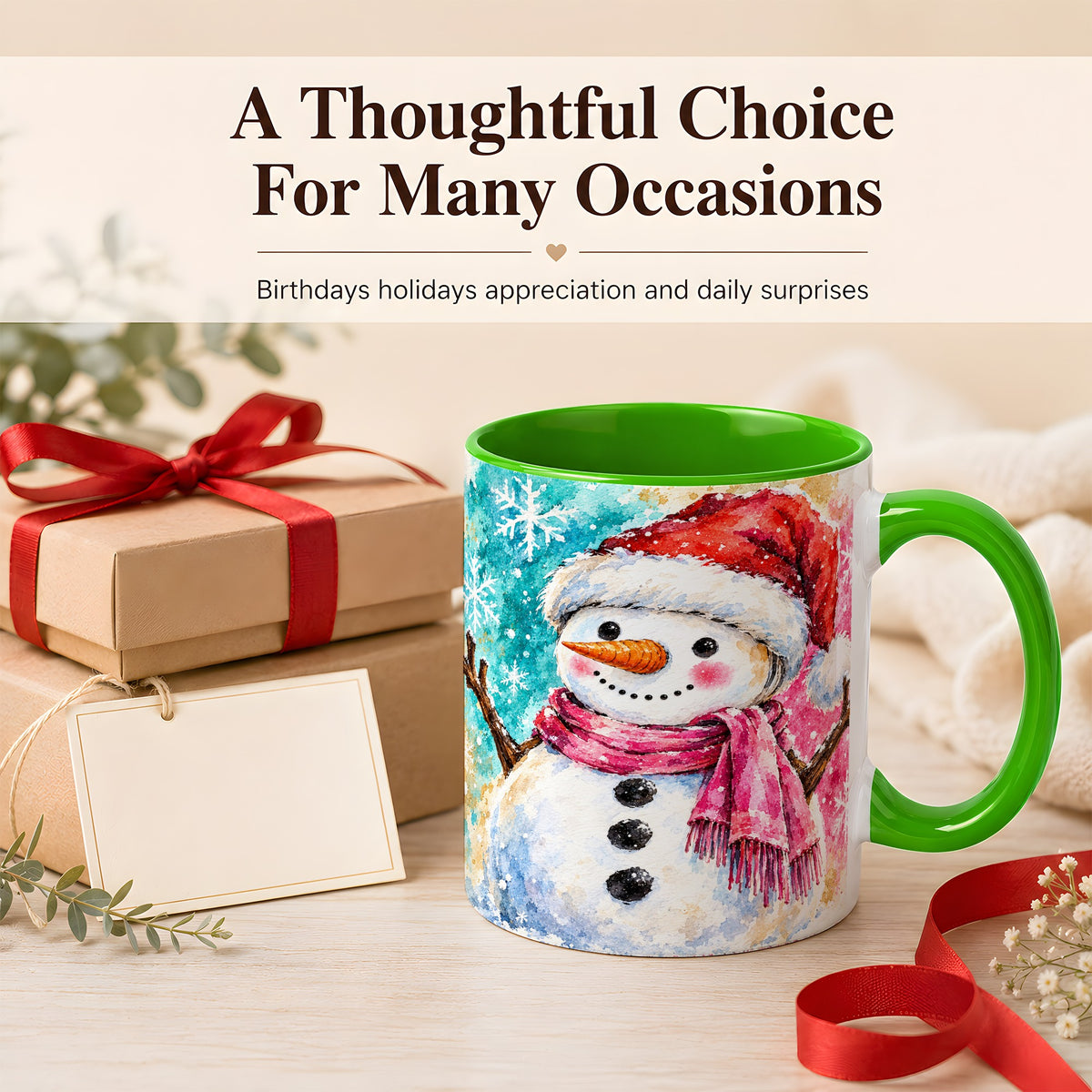 #pl[11oz|Green] Snowman Santa Hat Coffee Mug, Pink Scarf Snowman Mug, Ceramic Cup