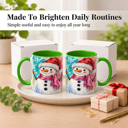 #pl[11oz|Green] Snowman Santa Hat Coffee Mug, Pink Scarf Snowman Mug, Ceramic Cup