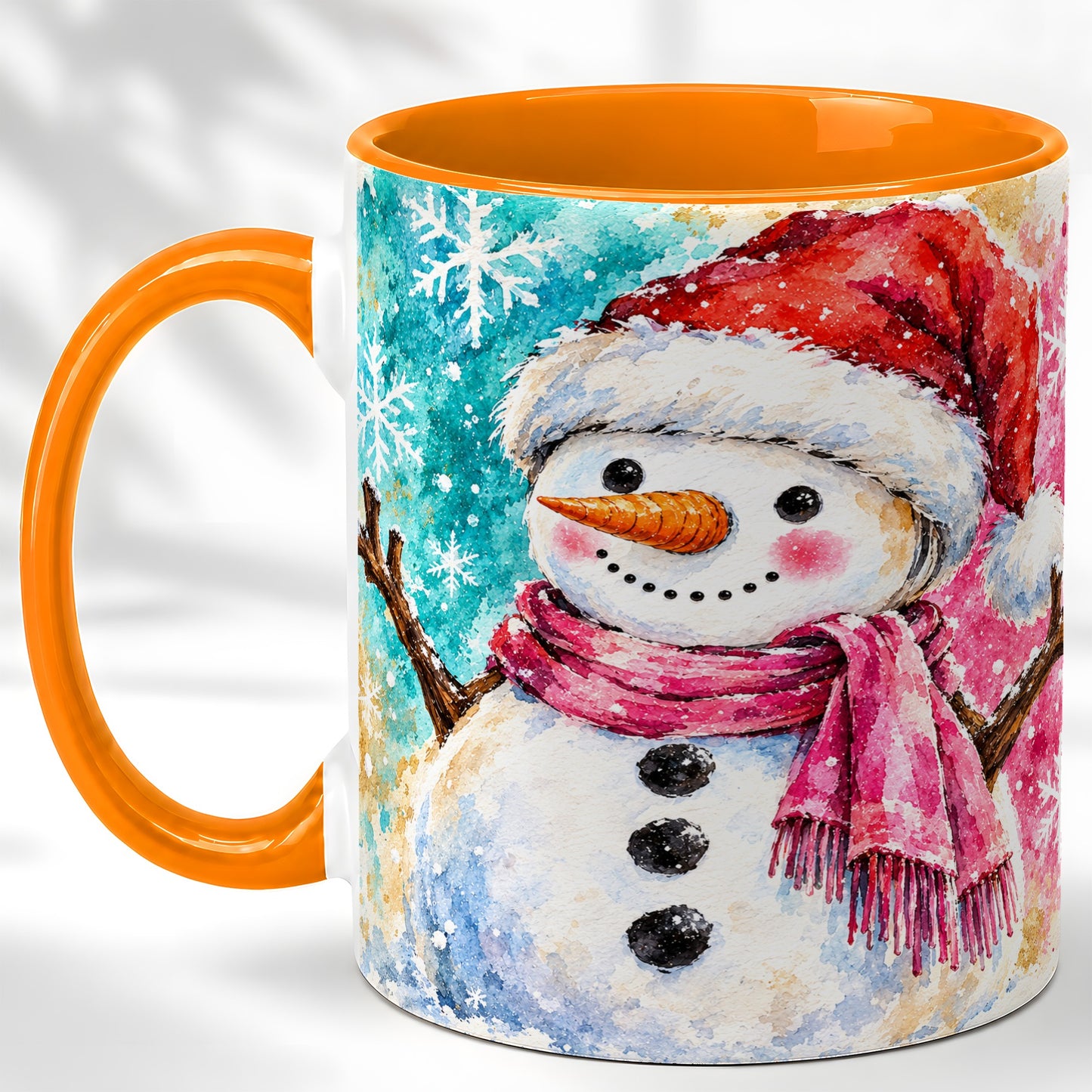 #pl[11oz|Orange] Snowman Santa Hat Coffee Mug, Pink Scarf Snowman Mug, Ceramic Cup