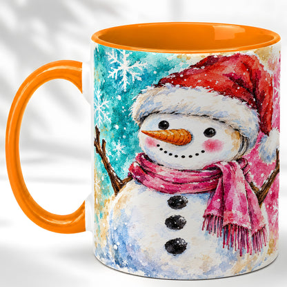 #pl[11oz|Orange] Snowman Santa Hat Coffee Mug, Pink Scarf Snowman Mug, Ceramic Cup