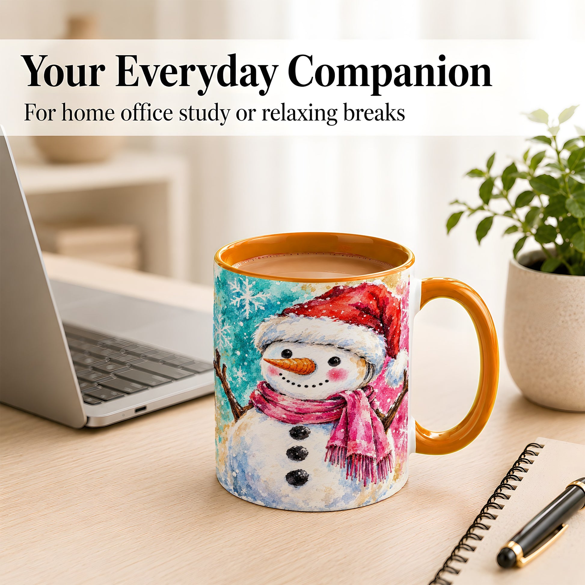 #pl[11oz|Orange] Snowman Santa Hat Coffee Mug, Pink Scarf Snowman Mug, Ceramic Cup