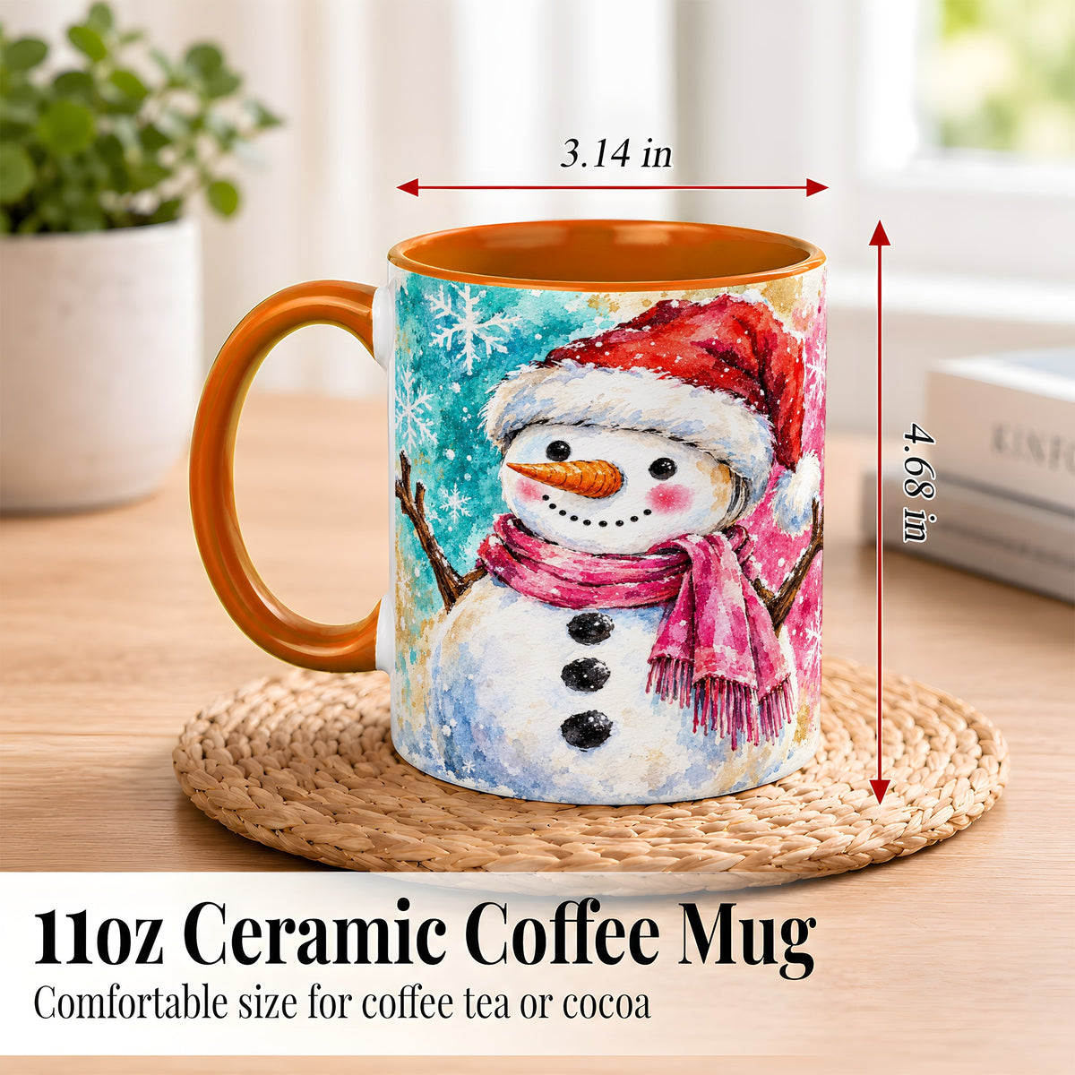 #pl[11oz|Orange] Snowman Santa Hat Coffee Mug, Pink Scarf Snowman Mug, Ceramic Cup