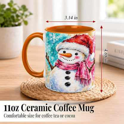 #pl[11oz|Orange] Snowman Santa Hat Coffee Mug, Pink Scarf Snowman Mug, Ceramic Cup