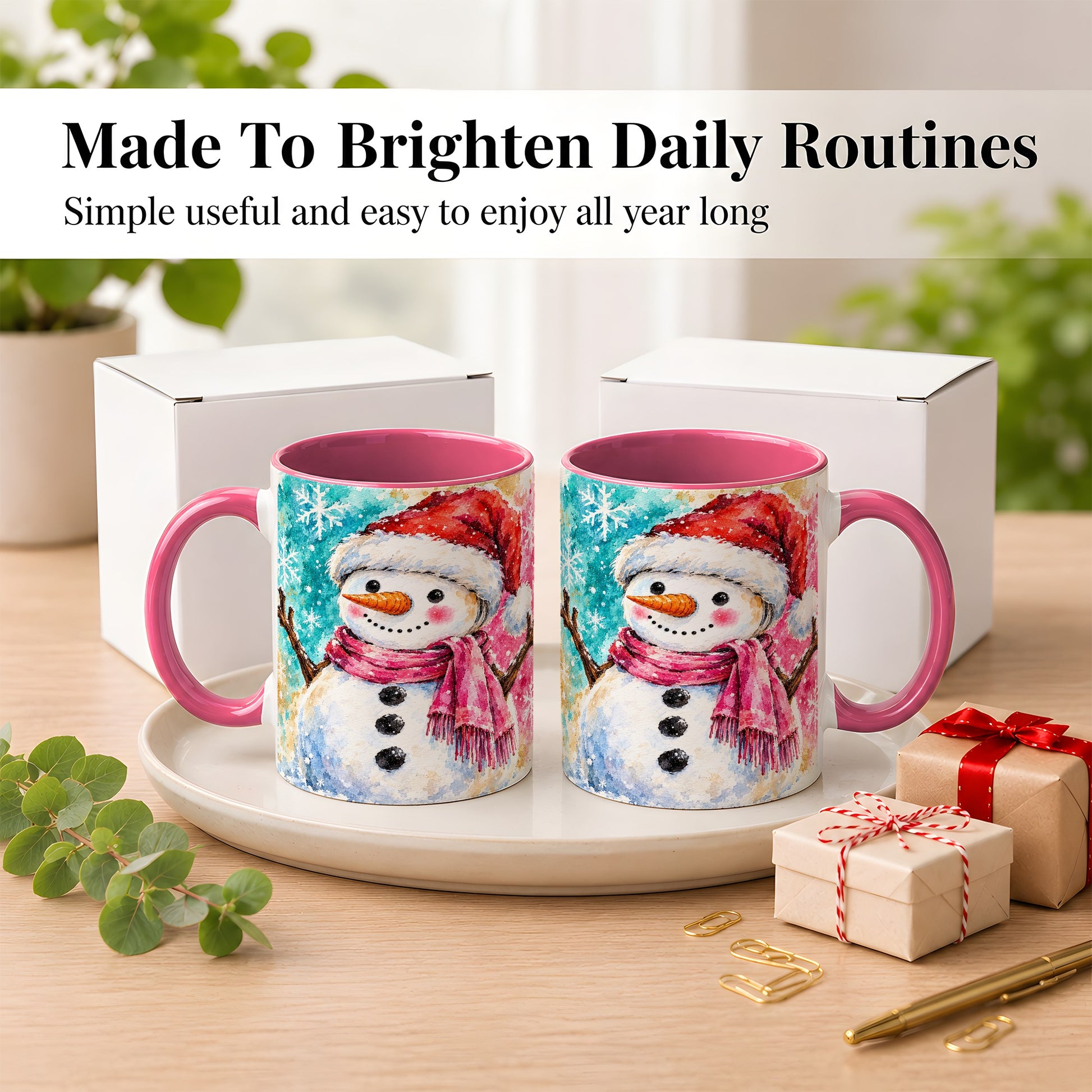 #pl[11oz|Pink] Snowman Santa Hat Coffee Mug, Pink Scarf Snowman Mug, Ceramic Cup