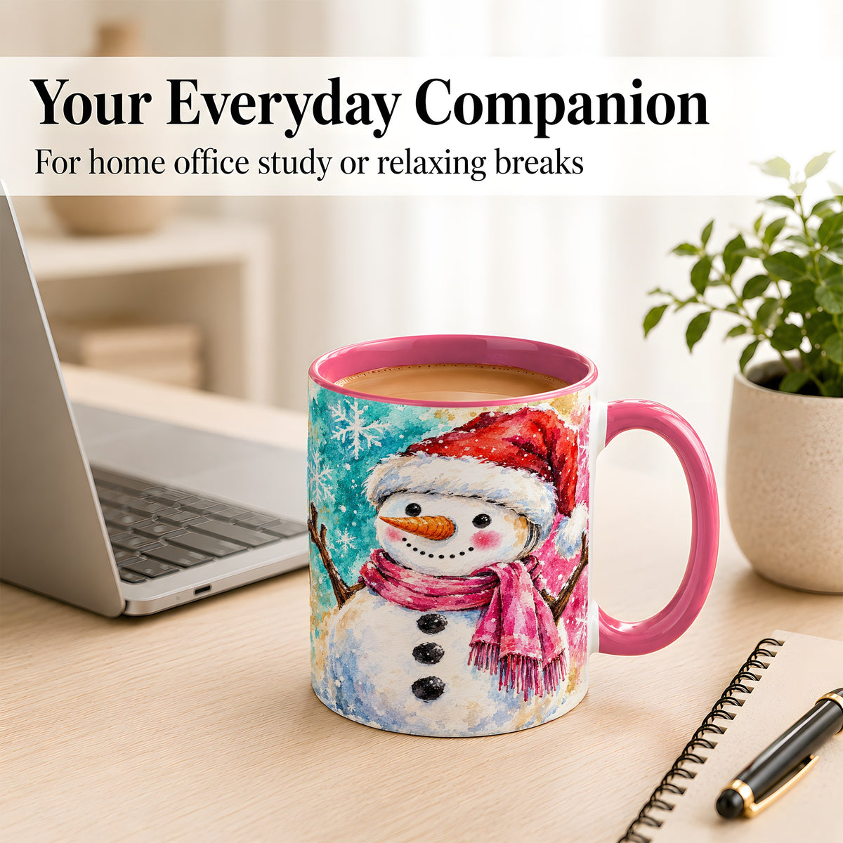 #pl[11oz|Pink] Snowman Santa Hat Coffee Mug, Pink Scarf Snowman Mug, Ceramic Cup