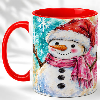 Snowman Santa Hat Coffee Mug, Pink Scarf Snowman Mug, Ceramic Cup