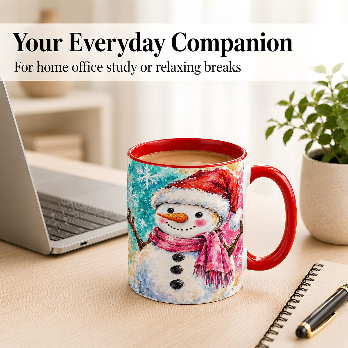 #pl[11oz|Red] Snowman Santa Hat Coffee Mug, Pink Scarf Snowman Mug, Ceramic Cup