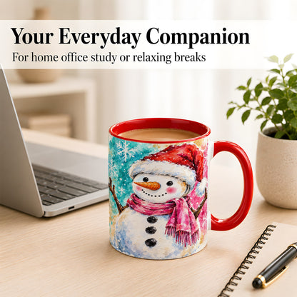 #pl[11oz|Red] Snowman Santa Hat Coffee Mug, Pink Scarf Snowman Mug, Ceramic Cup