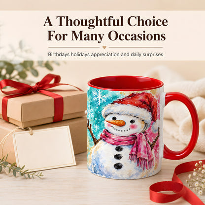 #pl[11oz|Red] Snowman Santa Hat Coffee Mug, Pink Scarf Snowman Mug, Ceramic Cup