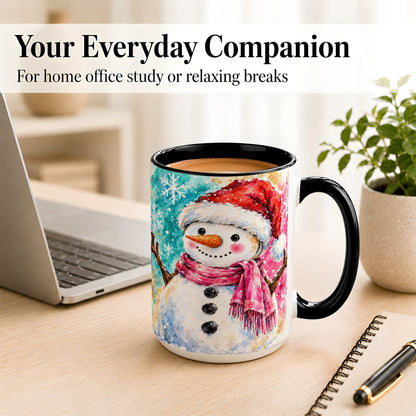 #pl[15oz|Black] Snowman Santa Hat Coffee Mug, Pink Scarf Snowman Mug, Ceramic Cup