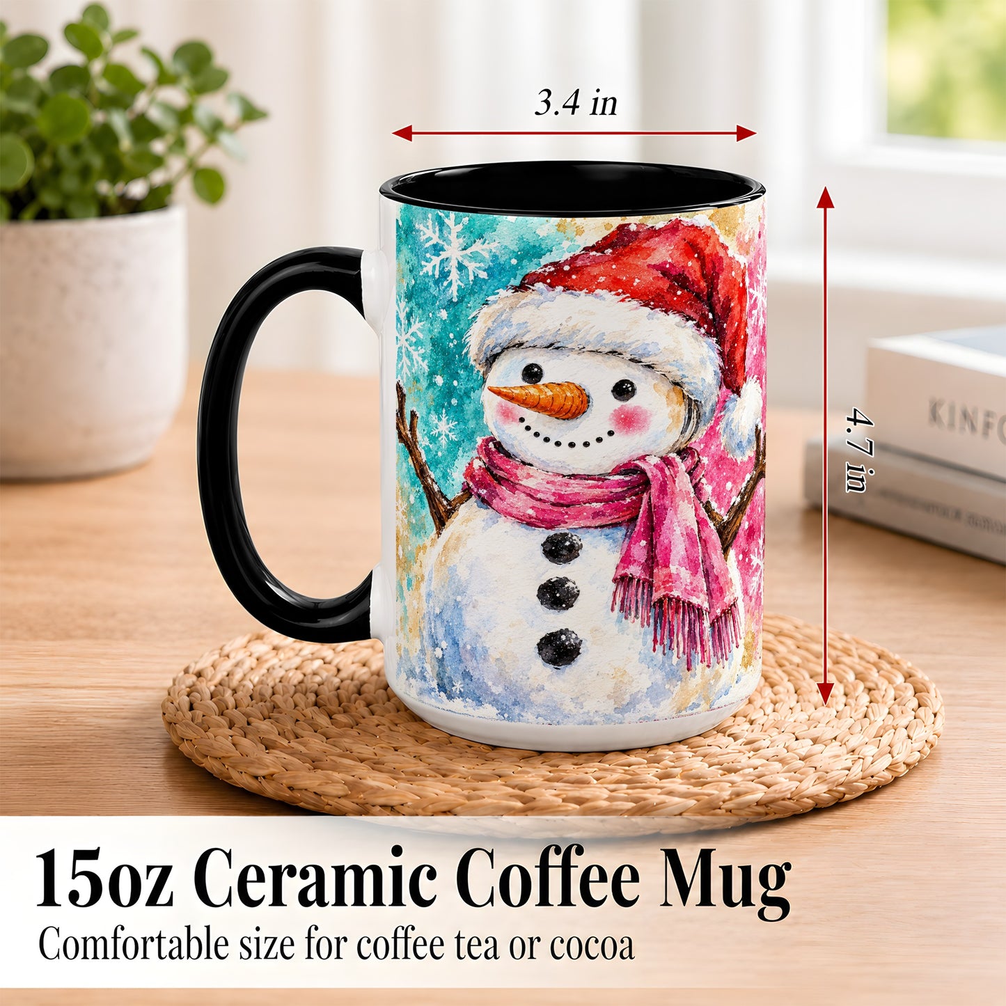 #pl[15oz|Black] Snowman Santa Hat Coffee Mug, Pink Scarf Snowman Mug, Ceramic Cup