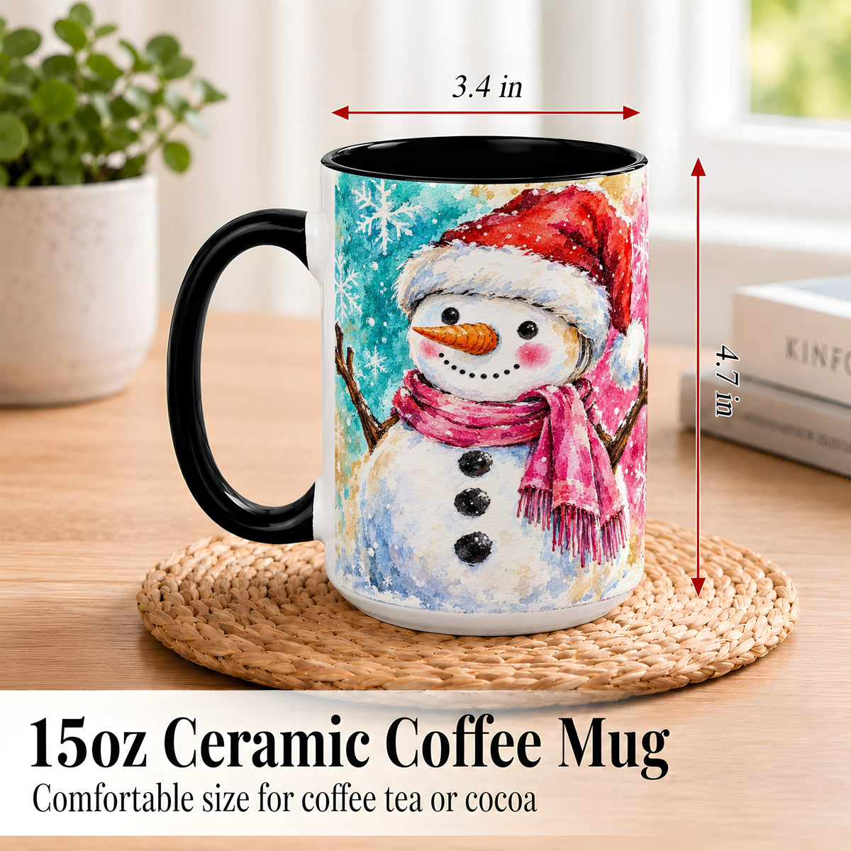 #pl[15oz|Black] Snowman Santa Hat Coffee Mug, Pink Scarf Snowman Mug, Ceramic Cup