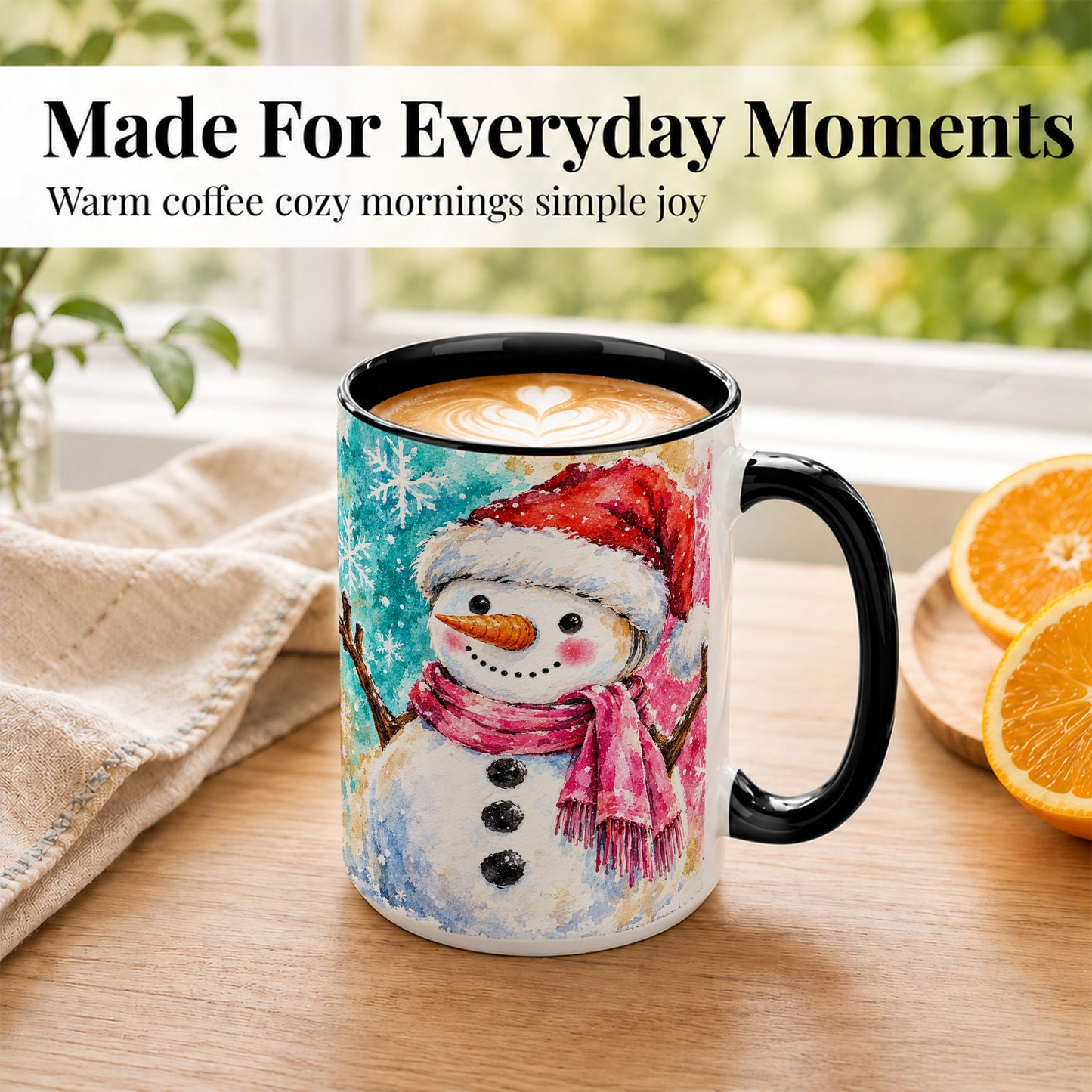 #pl[15oz|Black] Snowman Santa Hat Coffee Mug, Pink Scarf Snowman Mug, Ceramic Cup