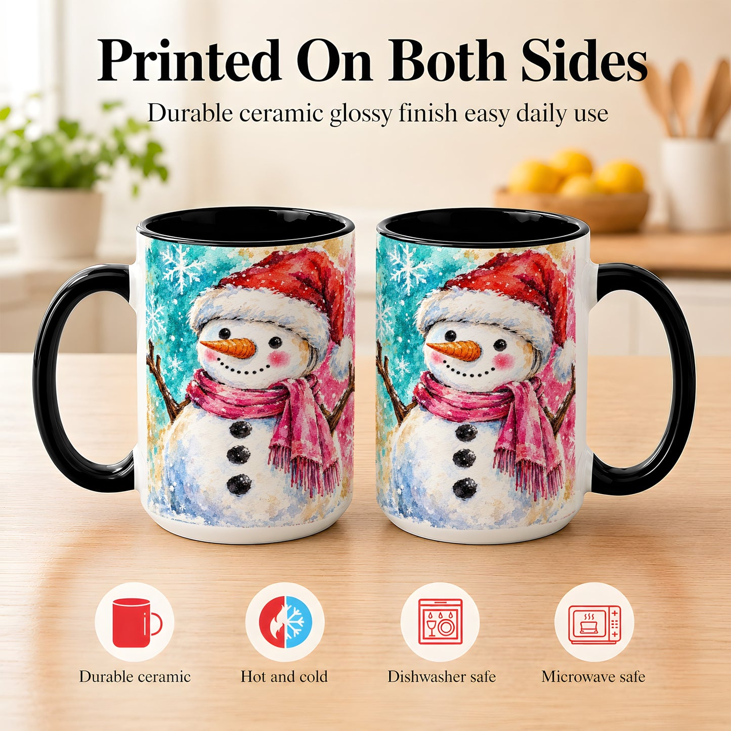 #pl[15oz|Black] Snowman Santa Hat Coffee Mug, Pink Scarf Snowman Mug, Ceramic Cup