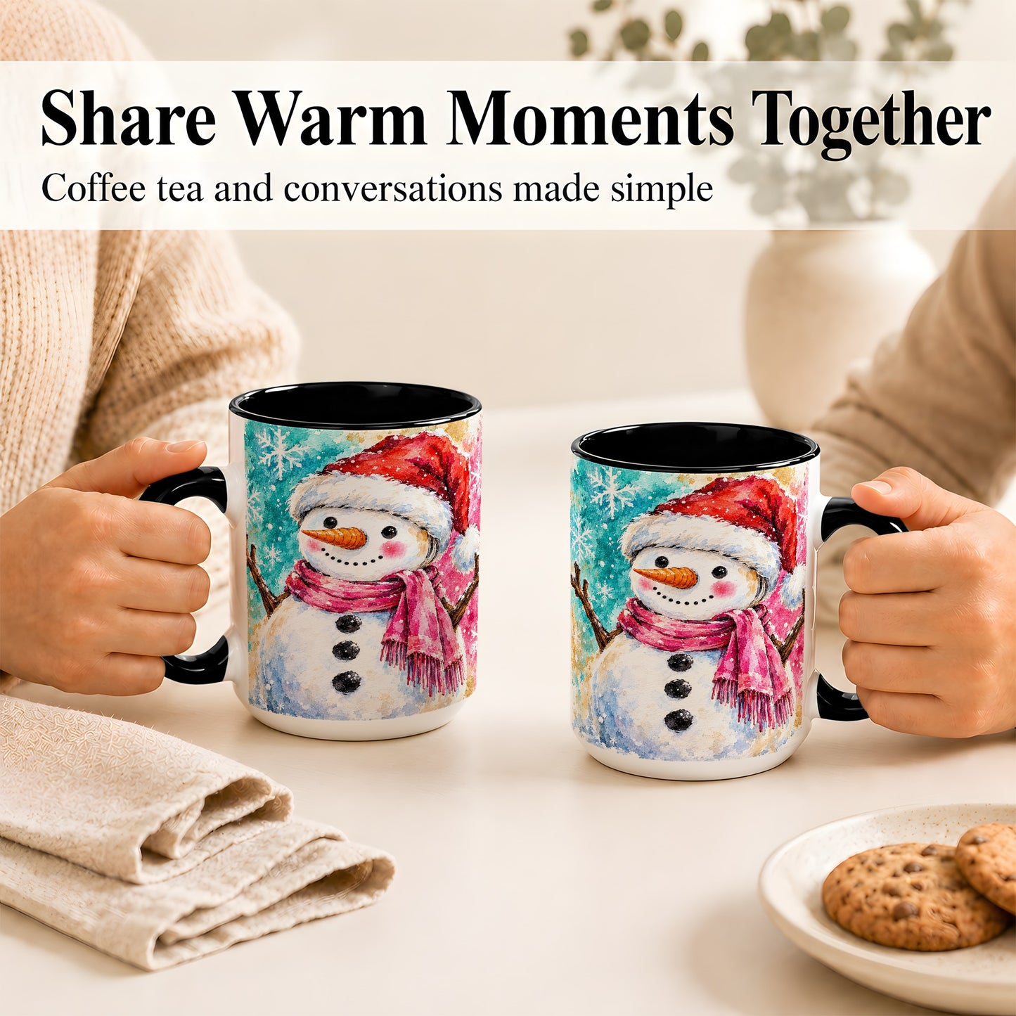 #pl[15oz|Black] Snowman Santa Hat Coffee Mug, Pink Scarf Snowman Mug, Ceramic Cup