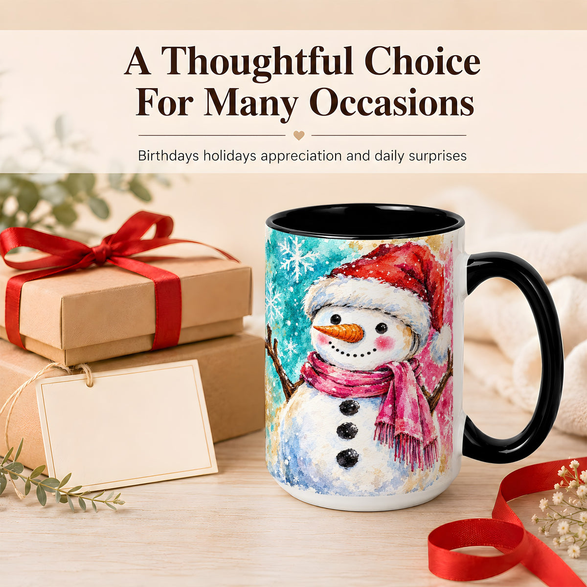 #pl[15oz|Black] Snowman Santa Hat Coffee Mug, Pink Scarf Snowman Mug, Ceramic Cup