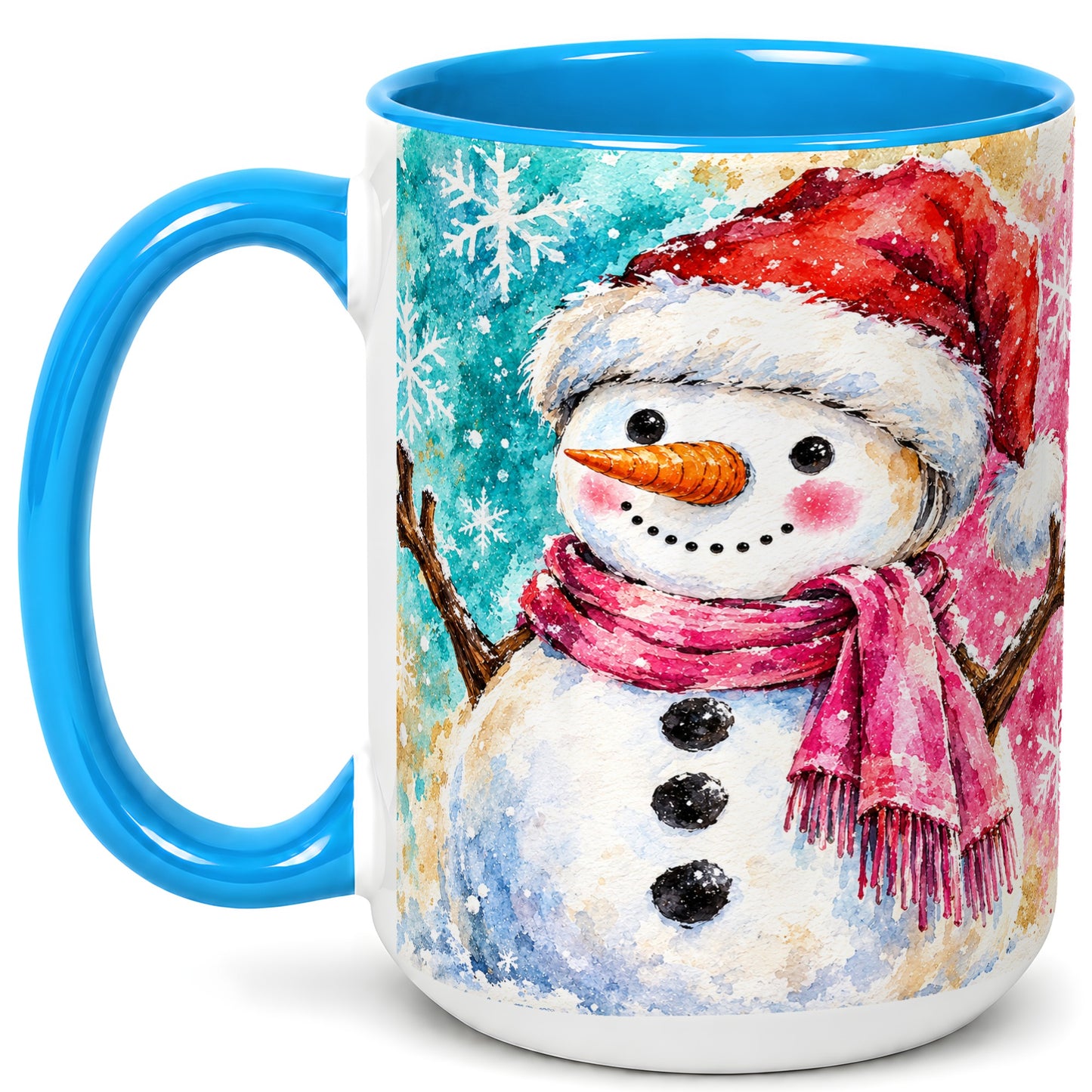 #pl[15oz|Blue] Snowman Santa Hat Coffee Mug, Pink Scarf Snowman Mug, Ceramic Cup