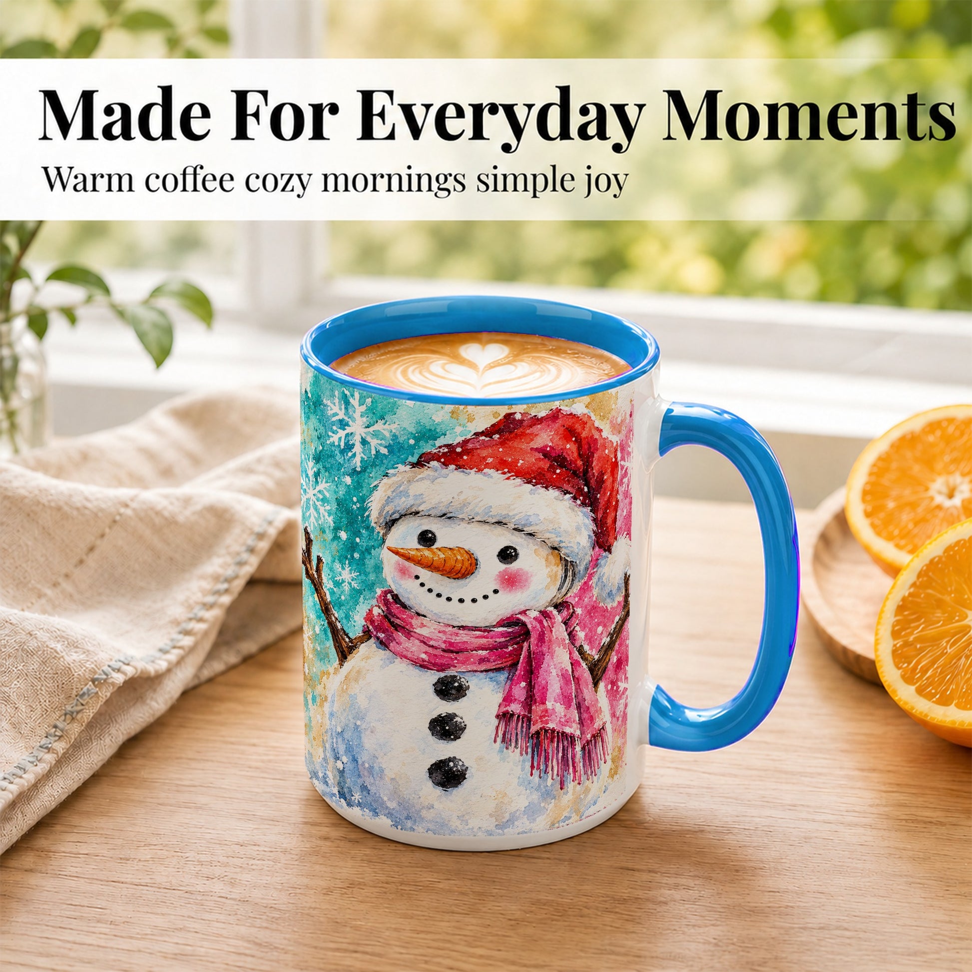 #pl[15oz|Blue] Snowman Santa Hat Coffee Mug, Pink Scarf Snowman Mug, Ceramic Cup